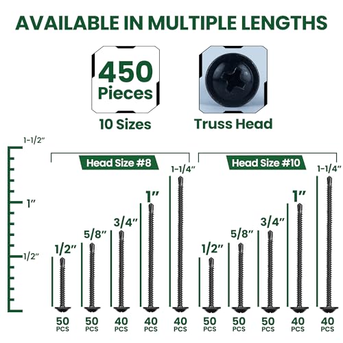 450 Pcs Self Drilling Screws Kit, 410 Stainless Steel, Black 450 Pcs Truss Head