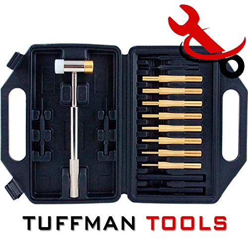 Tuffman Tools, Brass Punch Set with Hammer – Brass/Polymer Hammer, Steel, Plastic Punches & Storage Case - 15pc Roll Pin Punch Set - Perfect Gunsmith Punch Set for Gunsmithing