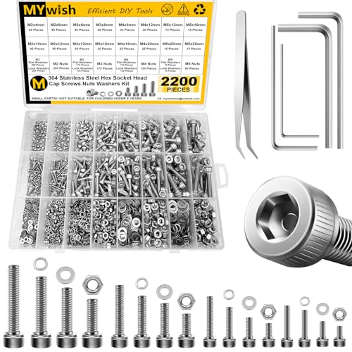 Mywish 2200pc M2-M5 Bolts and Nuts Metric Screw Assortment & 345Pcs Metric M4 Screws Assortment Kit, Flat Head Screws, Stainless Steel Hex Bolts & Nuts, Spring Washers, Anti-Rust, with Hex Wrenches