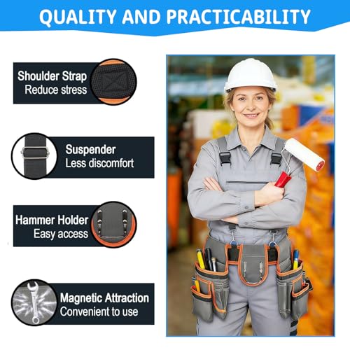 Tool Belt for Men,Magnetic Tool Pouch With Suspenders,18-Pocket Adjustable Heavy Duty Tool Organizer for Electricians, Carpenters, DIY, Construction,Gift-Fits Waists 32"-60"