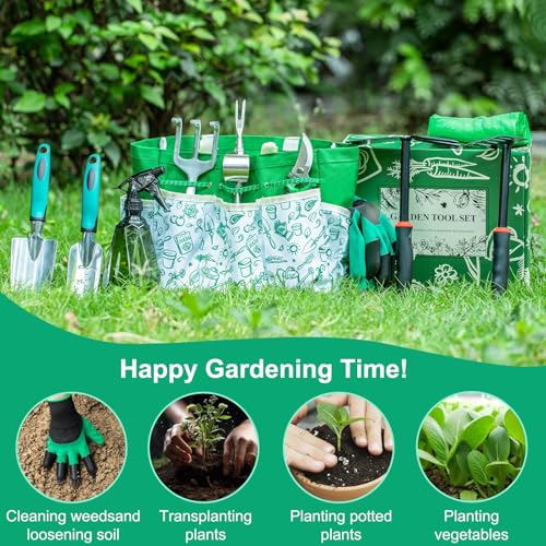 Gardening Tool Set Gifts for Women, Heavy Duty Garden Tools with Handbag Green