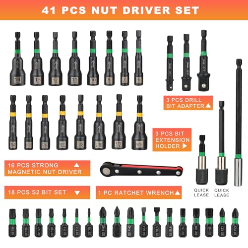 AEROFORCE 41 PCS Magnetic Nut Driver Set, Impact Drill Driver Bit 1/4" Hex Shank, SAE & Metric Cr-V Steel Power Nut Drivers with Quick-release Extensions, Impact Socket Adapters, Bit Holder 41PCS Magnetic Nut Driver Set