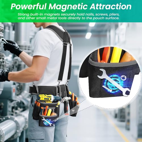 FamilyKit Tool Belt With Suspenders, Magnetic Heavy Duty Tool Belts for Men Black-grey