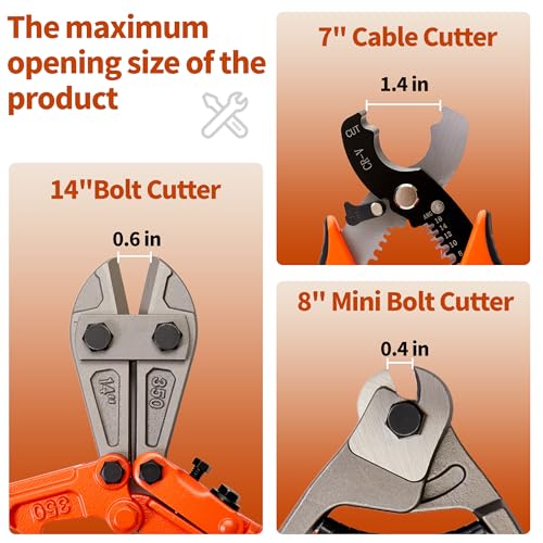3-Piece Bolt Cutter Set, 14" Wire Cutters Heavy Duty 8" Mini Bolt Cutters