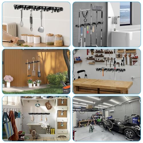 Pack of 2 broom holder, wall, garden tool holder, made of stainless steel | 10 Holders + 8 Hooks Heavy Duty Device Holder Self-Adhesive Broom Mop Holder Wall Mount for Kitchen Bathroom Garage Garden