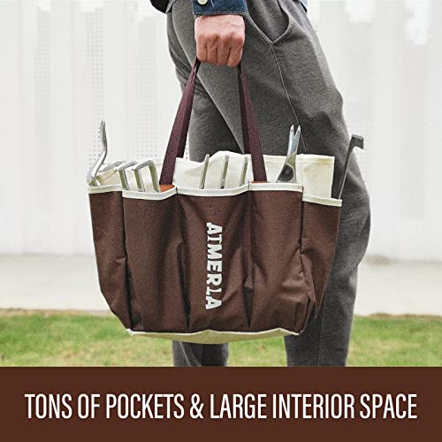 Aimerla Gardening Tools Set of 9 Heavy Duty Garden Tools with Non-Slip Rubber Grip with Large Garden Bag for Tools Durable Hand Tools for Gardening, Weeding,Gardening Gifts for Women,Men Brown