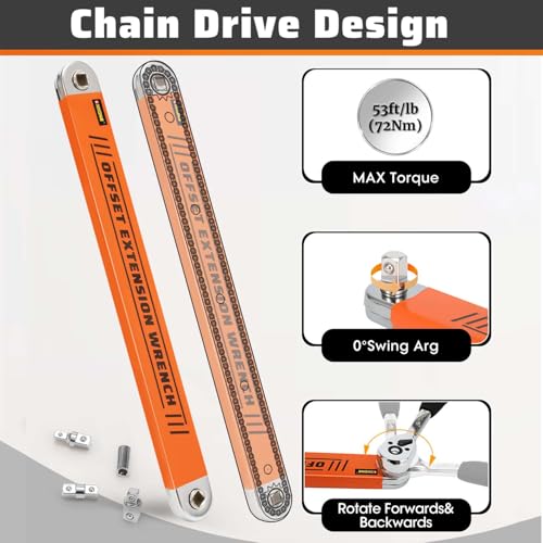 Offset Extension Wrench,0° Swing Extender for Tight Space Fasteners Orange Large