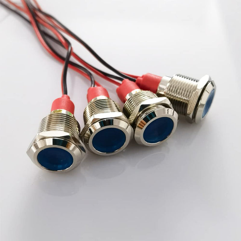 Gebildet Pack of 4 12mm 3V-4.5V-5V-6V-7.5V-9V LED Metal Indicator Light Waterproof Signal Lamp Pilot Dash with Wire (Blue) Blue (12mm)
