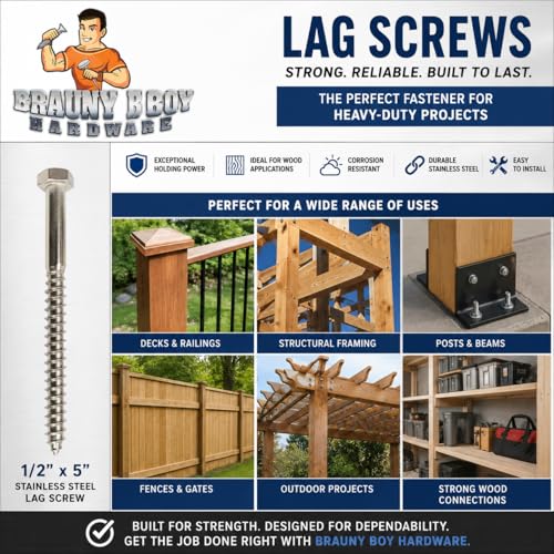 (10) 1/2" X 5" – 304-18/8 Grade Stainless Steel Heavy Duty Lag mounting Screws I Hex Head Fasteners - Use for Construction, Wood, Metal I Interior-Exterior Rust Resistant I 10 Pack
