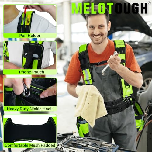 MELOTOUGH Reflective Safety Tool Belt Suspenders Construction Bag Suspenders,Tool Belt Pouches with Belt Clip Utility Mini Tool Organizer Pouch for Electrician,Carpenter,Construction