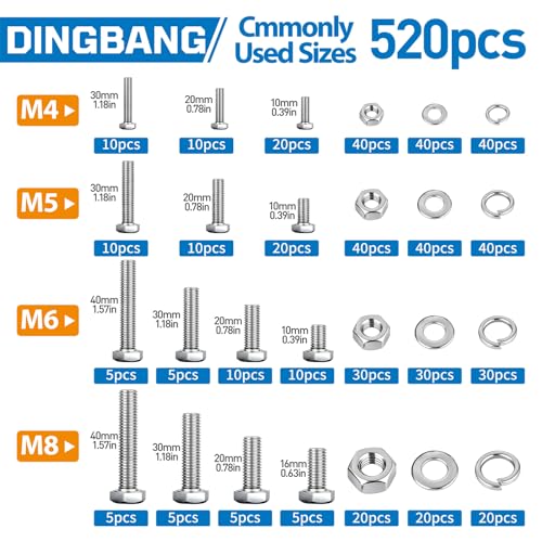 520pcs M4 M5 M6 M8 Hex Bolts and Nuts Assortment Kit, 4 Most Popular Sizes 304 Stainless Steel Assorted Metric Screws, Nuts and Flat & Lock Washers,Length 10-40mm with 4 Screw Driver bits