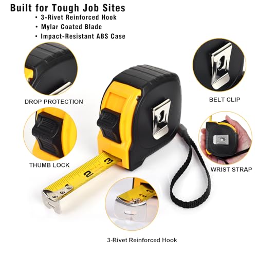 5 Pack Tape Measure 25 ft, Easy Read Measuring Tape with Fractions 1/8, Retractable 25-Foot by 1-Inch Blade with Durable Coating & Impact-Resistant Case for Contractors & DIY