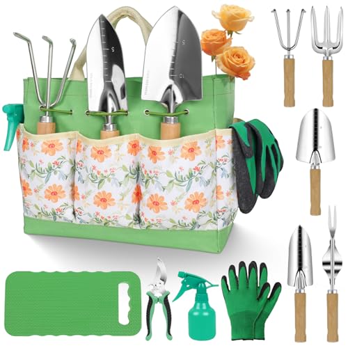 Garden Tool Set,10 Piece Garden Kit,Heavy Duty Stainless Steel Gardening Hand Tools with Durable Storage Tote,Gardening Gifts for Women Men Floral Pattern Design