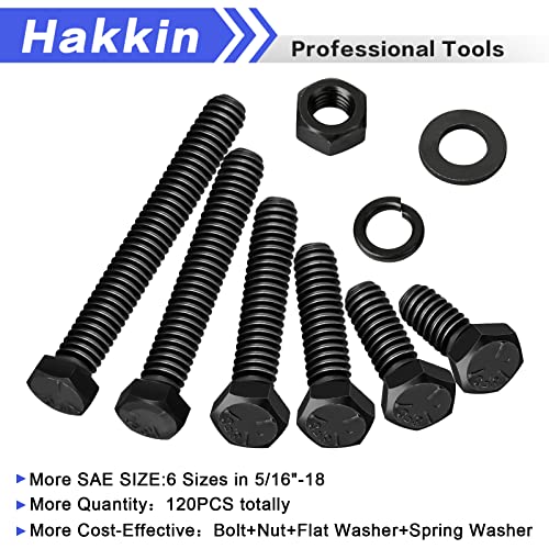 Hakkin 120PCS 5/16-18 Hex Bolts and Nuts Kit, Length 3/4",1”,1-1/2",2",2-1/2”,3”, 5/16” Heavy Duty Nuts and Bolts Screws Flat & Lock Washers Kit, Grade 8.8 Carbon Steel Machine Screw Assortment Kit H 5/16-18 Hex Bolts Black (120pcs)
