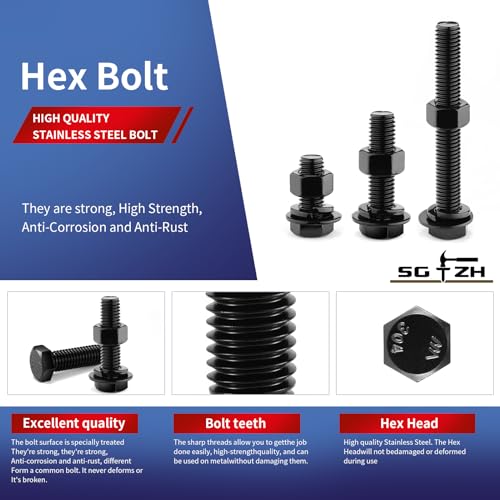1/2-13 x 4 Hex Head Screw Bolt, Nuts, Flat & Lock Washers, 10Pcs 18-8 (304) Stainless Steel, Fully Threaded, Black Oxide by SG TZH