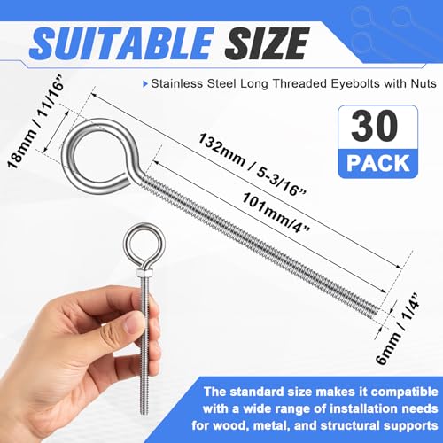 30 Set 1/4" x 4" Stainless Steel Long Threaded Eyebolts with Nuts and Washers Lifting Ring Bolts for Hanging or Securing Cables, Suspending Wood, Metal and Light Items(304 Stainless Steel)