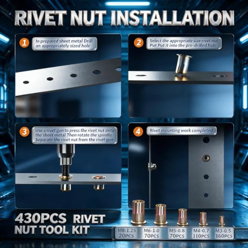 430Pcs Pressure Rivet Nut Tool Kit, Metric Rivet Nut Combination (M8/M6/M5/M4/M3), Suitable for Automotive, Furniture, Decoration, Marine and Industrial Applications