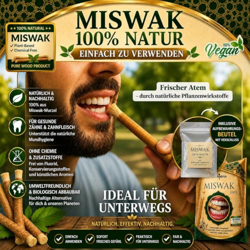 100% Miswak Toothbrush (Pack of 5) - Natural Miswaks without Fluoride - Miswakstick Siwak for White Teeth & Oral Care Includes Bag