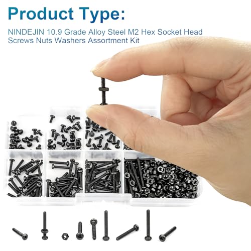 NINDEJIN M2 Button Head Socket Cap Bolts Screws, Metric M2 x 3/4/5/6/8/10/12/16/20mm Screws Bolts Nuts Assortment Kit, 452Pcs Allen Hex Drive, Black Oxide, 10.9 Carbon Steel, Fully Threaded 452Pcs M2 3mm-20mm