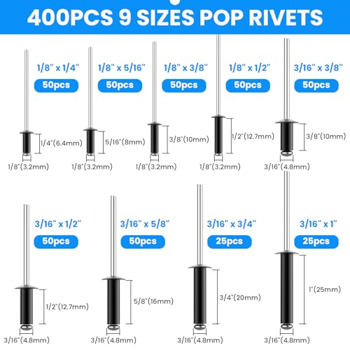 SDTC Tech 400pcs Black Pop Rivets Assortment Kit Black-400p