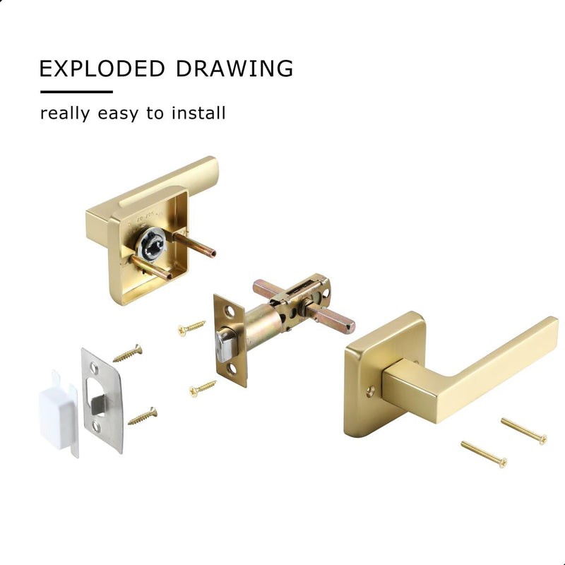 Linkaa Passage Door Handles Brushed Gold Door Lever Satin Brass for Hall or Closet, Keyless Door Knob, Square Interior Door Handle Heavy Duty Zinc Alloy (1, Passage (No Lock)，Brass Gold) Passage(no lock) 1