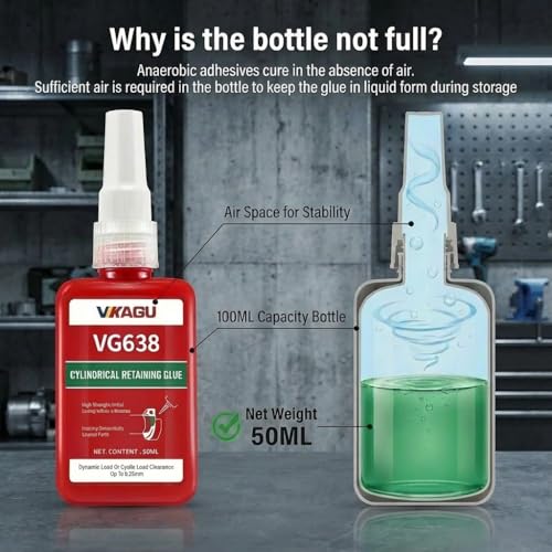 VG638 Retaining Compound, High Strength Cylindrical Adhesive for Bearings, Shafts & Gears - Fills Gaps up to 0.25mm, Restores Worn Parts, Green Anaerobic Glue, 1.69 fl oz VG638 1 Pack