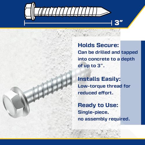 3/8" x 3" Large Diameter Concrete Screw 25 Pack - Heavy Duty Concrete Anchors, Masonry Screws for Brick, Block, Wood & Framing - Zinc Plated Hex Screws 3/8" x 3" - 25PACK