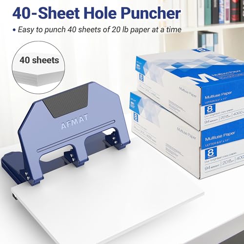 AFMAT 3 Hole Punch, 9/32" Holes, 40-Sheet 3 Hole Puncher for Binder, 50% Reduced Effort, Metal Heavy Duty Three Hole Punch w/ 10,000+ Uses, Bulit-in S.S. Paper Guide, Large Chip Tray, Blue, HPX3 40-Sheet Capacity