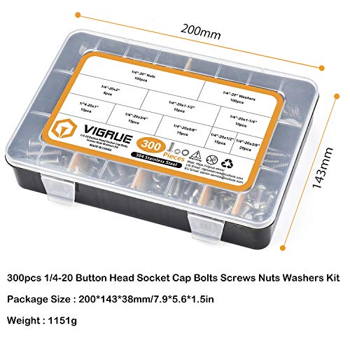 VIGRUE 300pcs 1/4-20 Hex Button Head Cap Screw, 304 Stainless Steel UNC Hexagon Bolts Flat Washers Nuts Assortment Kit Machine Screws Set, 8 Sizes (Length from 3/8" to 2") 300pcs 1/4-20 Button Head