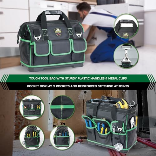 16 inches Top Opening Tool Tote, 1680D Durable Tool Organizer for Plumber, Electrician, Handyman, HVAC Technicians Tool Bag, Tool Carrying Case with Padded Strap, Green 16 Inches