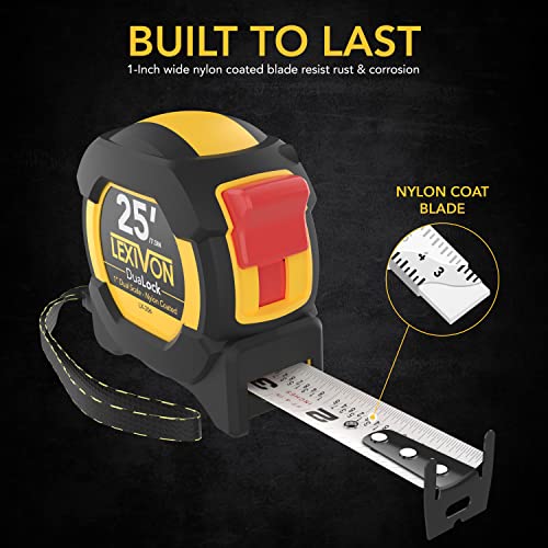 LEXIVON [4-Pack] 25Ft/7.5m DuaLock Tape Measure | 1-Inch Wide Blade with Nylon Coating, Matte Finish White & Yellow Dual Sided Rule Print | Ft/Inch/Fractions/Metric (LX-206X4) 25 ft 4-Pack