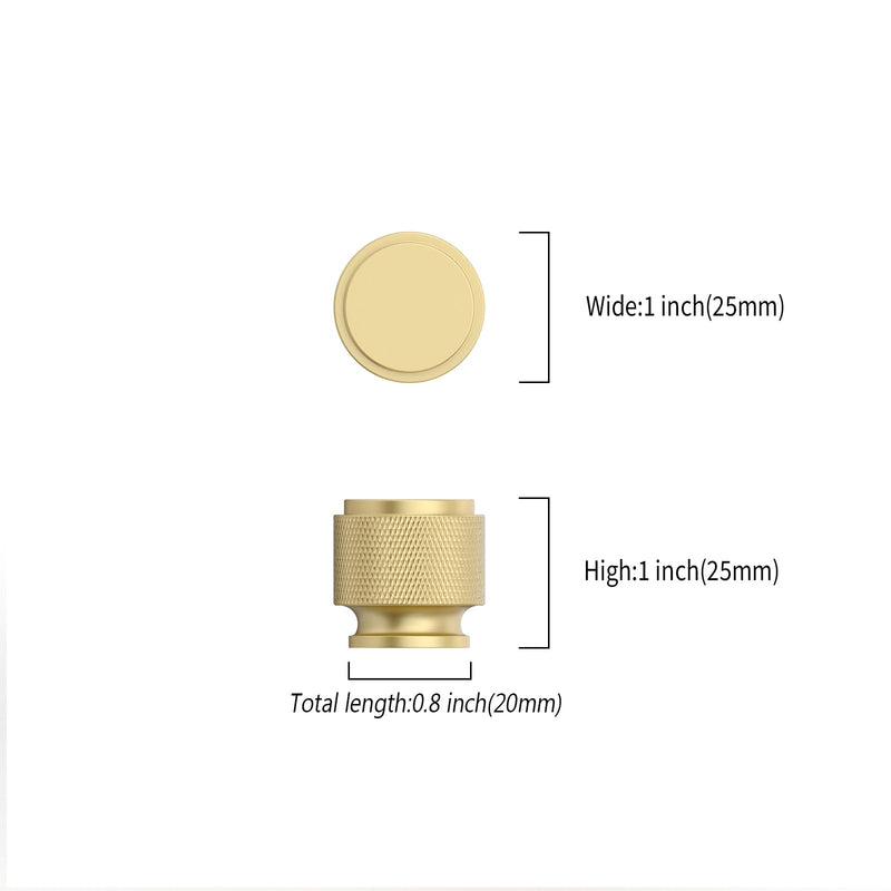 10 Pack 1"(25mm) Brushed Gold Knurled Cabinet Knobs for Dresser Kitchen Knobs for Cabinets Single Hole Cabinet Pulls Hardware Knob 10