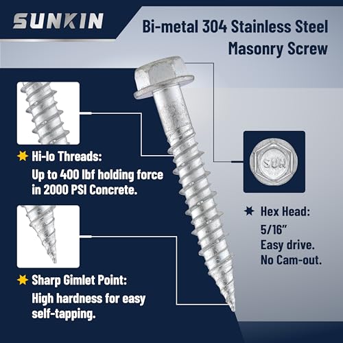 SUNKIN 60PCS Concrete Screws, Bi-Metal Stainless Steel 304, #14 x 1-5/8" Hex Head, Hardened Tip, for Masonry & Concrete, Outstanding Rustproof #14 x 1-5/8 inch
