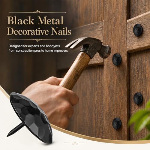 50 Pcs Black Metal Decorative Nails, 1.5 in Large Cap Tortoise Shell Textured Iron Nails, 1 in Shank Length for Antique Wooden Doors, Furniture Remodel, Architecture Decor, Craft Projects