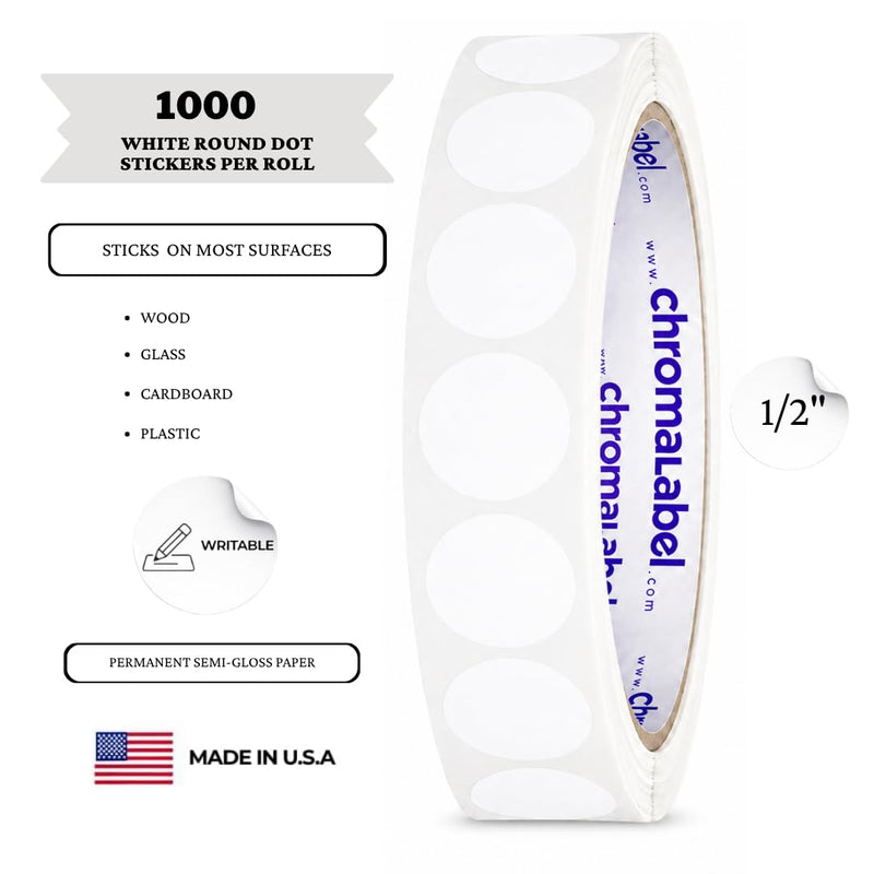 ChromaLabel White Dot Stickers, 1/2 Inch Round Sticker Labels, Permanent Semi-Gloss Paper Dots, 1000 per Roll for Labeling, Inventory, Classroom, Office, Crafts 1/2"