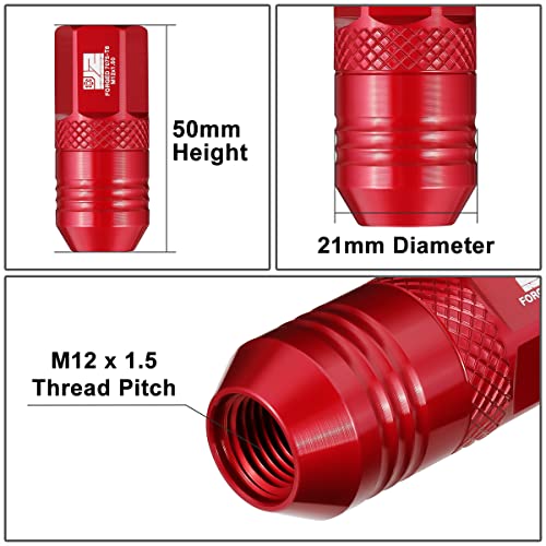 J2 Engineering J2-LN-T7-040-15-RD M12 x 1.5 T6-7075 Aluminum 50mm Open End Lug Nuts w/Deep Drive Extension Adapter,Red,21mm x 50mm