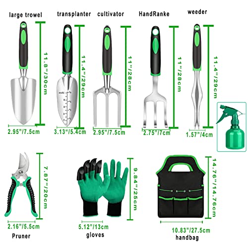Garden Tool Set with Non Slip Rubber Grip,9 Piece Stainless Steel Gardening Tool Sets,Heavy Duty Outdoor Hand Tools Durable Storage Tote Bag,Uprooting Weeding Tool, Gifts for Women Men Children Green