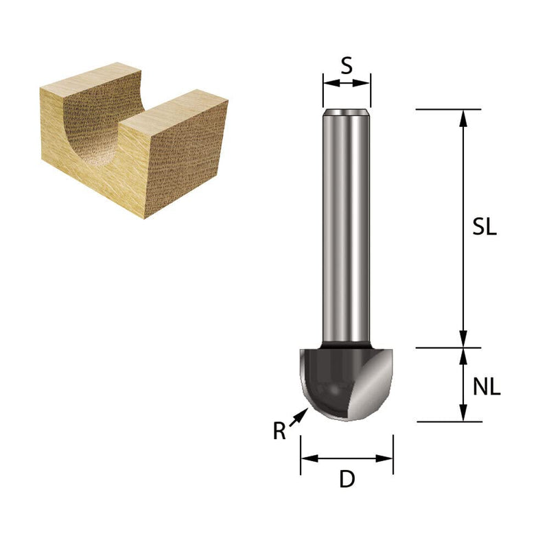 ENT 12280 HW cove cutter, shank (S) 8 mm, radius (R) 3 mm, diameter (D) 6 mm, NL 6 mm, SL 32 mm, woodworking, router R=3 / D=6 / NL=6