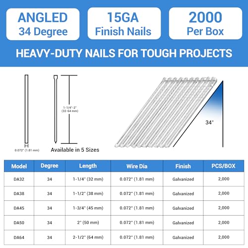meite 15 Gauge 34 Degree Finish Nails Set 1-1/4 Inch & 2 Inch Galvanized Angled Finishing Nails Kit for Finish Nailer Gun - Cabinet Crown Baseboard Triming