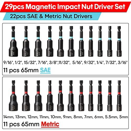 SHALL 29PCS Magnetic Nut Driver Set, Impact Drill Driver Bit 1/4" Hex Shank, SAE & Metric Cr-V Steel Power Nut Drivers with Quick-release Extensions, Impact Socket Adapters, Bit Holder and Storage Bag Variety Pack