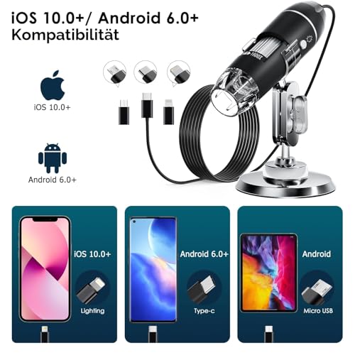 USB Digital Microscope, SKYBASIC Handheld HD Inspection Camera with 50x to 1600x Magnification and Adjustable Stand, 8 LED Lights, Compatible with iOS and Android Devices black