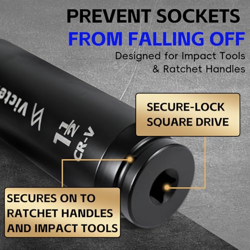 1/2" Drive 1-1/2" Extra Deep Impact Socket，6.3-Inch (160mm) Long，6-Point, Heat Treated Cr-V Alloy Steel, One-Piece Forged, No Torque Loss