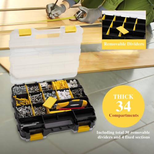 Hardware Organizer Box 34 Compartments Small Parts Organizer with Removable Dividers Durable Plastic Double Side Tools Box Screw Organizer For Nuts, Bolts, Screws, Nails, Small Hardware (Yellow) Yellow 1 PACK