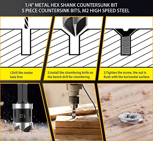 Countersunk Bit Set for Metal, M2 Cobalt Countersunk Bits 5 Pieces, M35 Four Spiral Flute Step Drill Bit Set 1/8"-1/2" （13 Sizes ）,1/4" Hex Shank Drill, Impact Resistant M35HSS Unit Stepper bit, for S