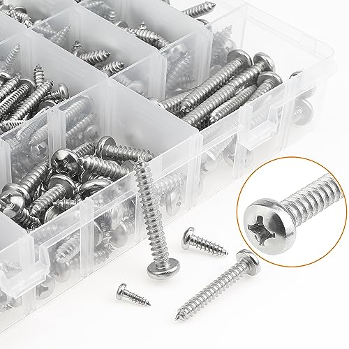 540 Pieces #4#6#8#10#12 Wood Screws Set, HELIFOUNER 18 Sizes Phillips Pan Head Self-Tapping Screws Assortment Kit, Phillips Pan Head Wood Screws, 304 Stainless Steel