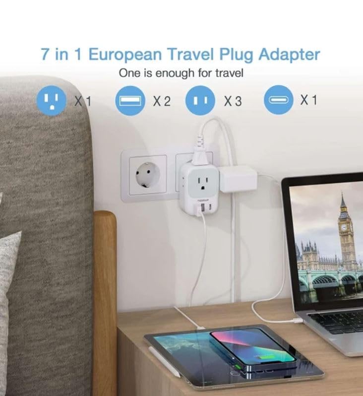 European Travel Plug Adapter Converter, TESSAN International Power Plug Converter with 2 USB, Type C Outlet Adaptor Charger for US to Most of Europe EU Iceland Spain Italy France Germany Gray-Type C