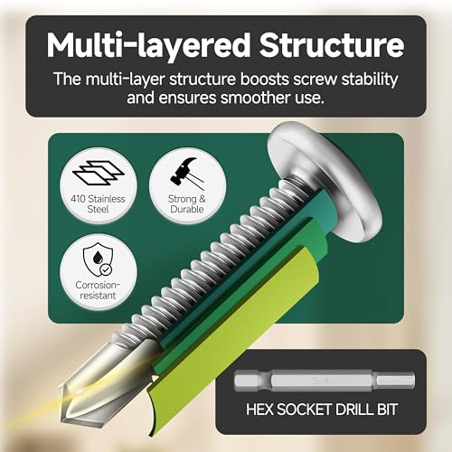 110Pcs #10 Sheet Metal Screws Assortment Kit & 155Pcs #10 Self Tapping Screws for Metal, 410 Stainless Steel Flat Head Socket Cap Self Drilling Screw, Allen Socket Drive, Self Tapping Screws
