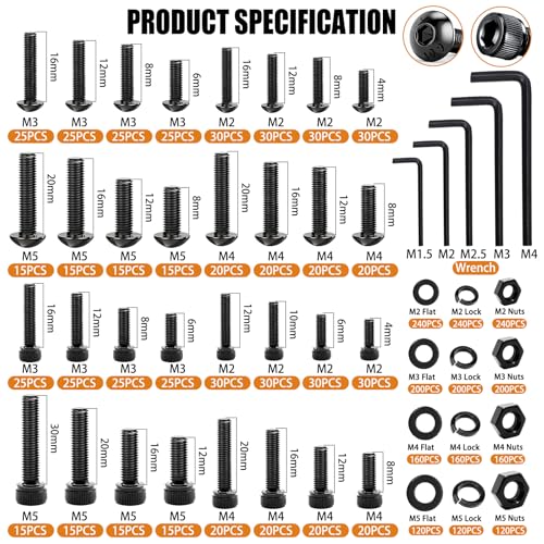 mankk Metric Bolts and Nuts Assortment Kit Flange Bolt,Hex Socket Button Screws,Cap Head Screws