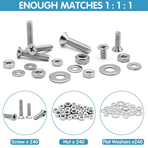 720Pcs Nuts and Bolts Assortment Kit, Machine Screws,SATANTECH #6-32#8-32#10-24#1/4-20 Stainless Steel Screws Set, Phillips Flat Head 16 SAE Sizes Assorted Nuts Bolts Washers with Labeled Case Flat Head Machine Screw kit