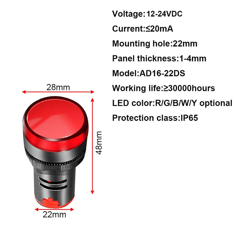 Gebildet 12 pieces 22 mm LED indicator light signal light control light, LED display pilot signal lamp 12 V-24 V 20 mA, AD16-22D/S (red/yellow/blue/green, each color 3 pieces) mix E378